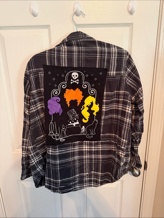 Jackets & Blazers - Black Plaid Flannel Jacket with Colorful Halloween Patch